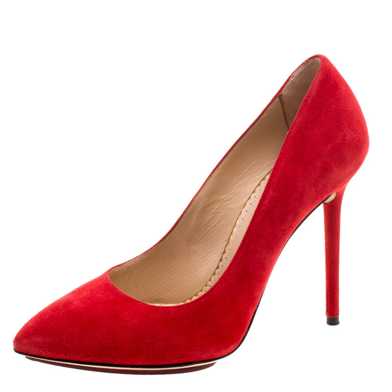 حذاء كعب عالي شارلوت أوليمبيا مونرو سويدي أحمر مقدمة مدببة مقاس 38.5