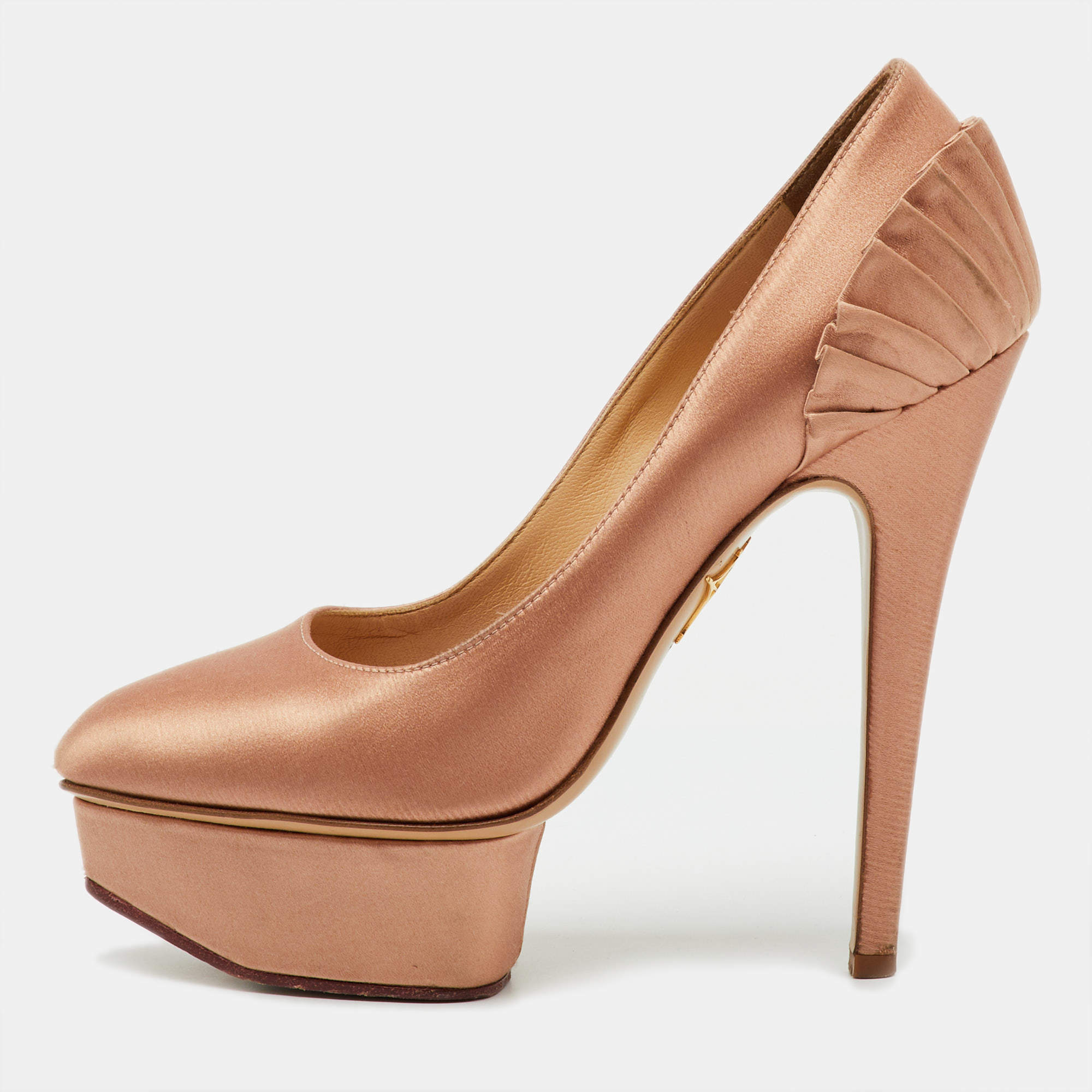 Pre Owned Charlotte Olympia Metallic Bronze Satin Paloma Fan Pleat Platform Pumps Size 35.5
