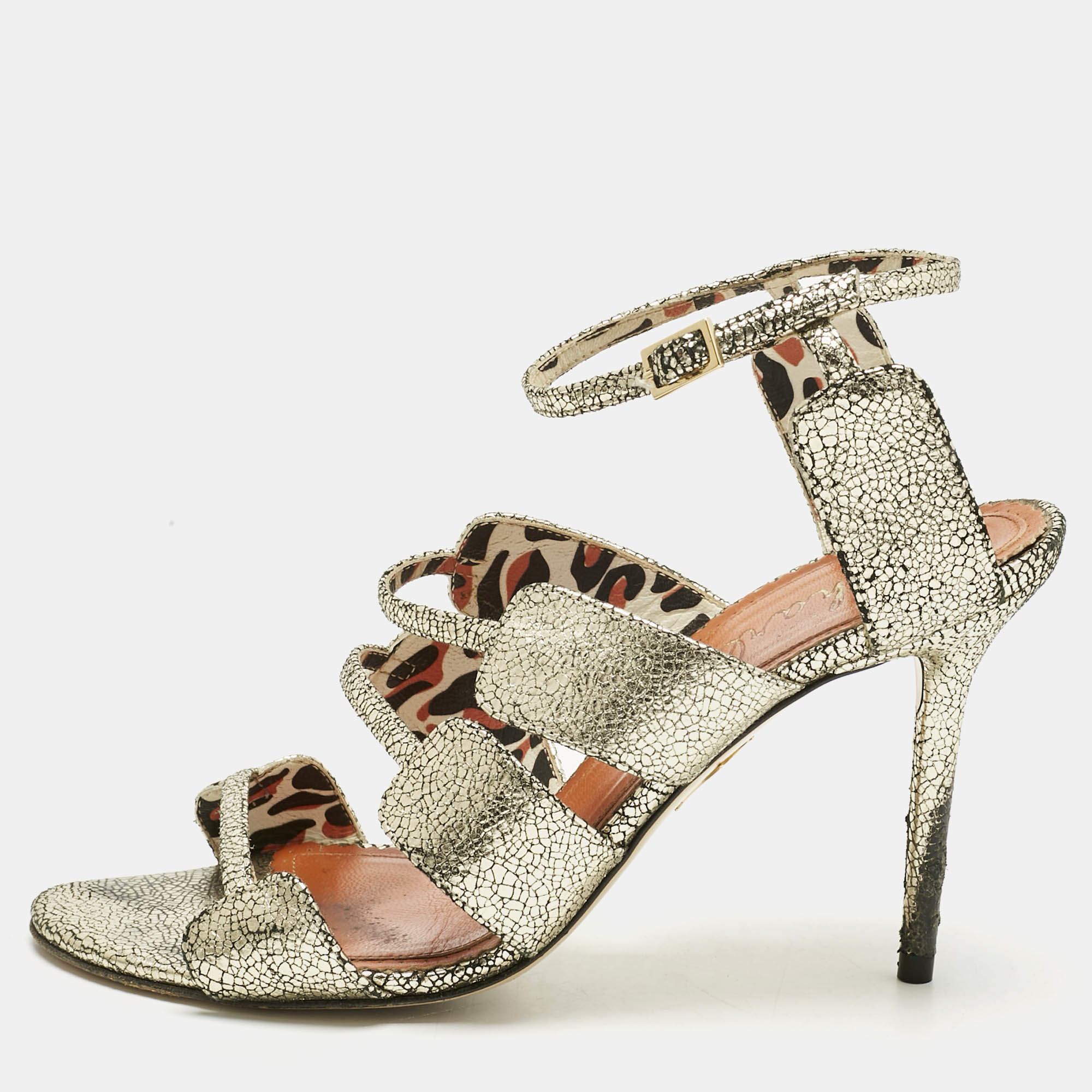 Pre Owned Charlotte Olympia Gold Texture Leather Ankle Strap Sandals Size 39