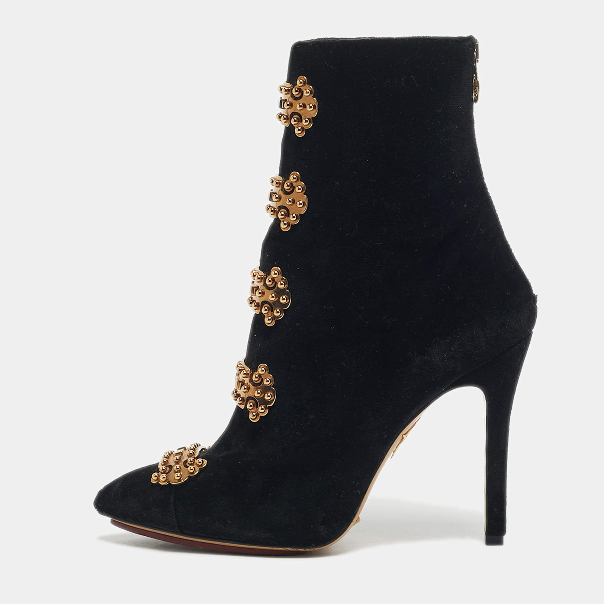 Pre Owned Charlotte Olympia Black Velvet Stud Embellished Ankle Length Boots Size 38