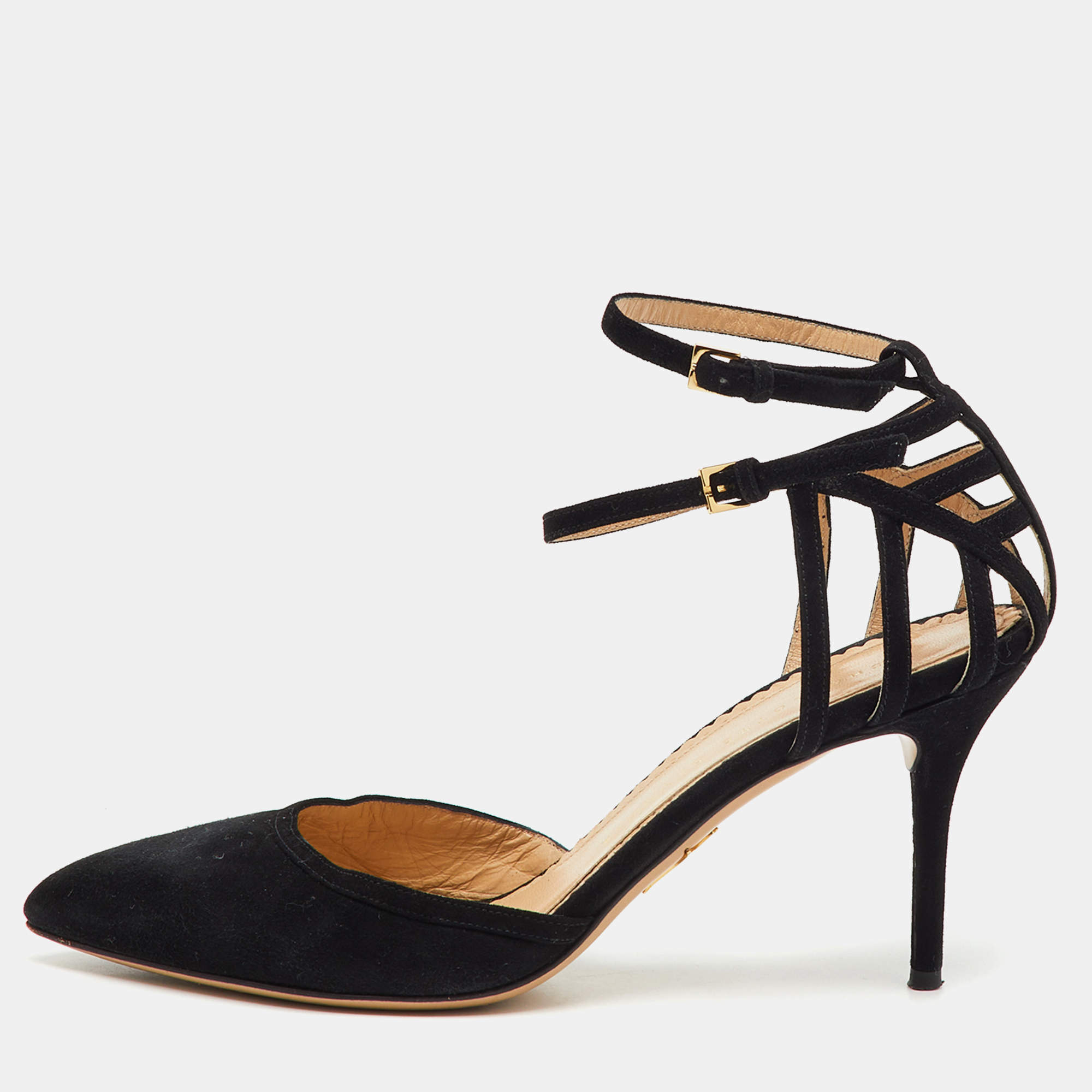 Pre Owned Charlotte Olympia Black Suede Pointed Toe Ankle Strap Pumps Size 38