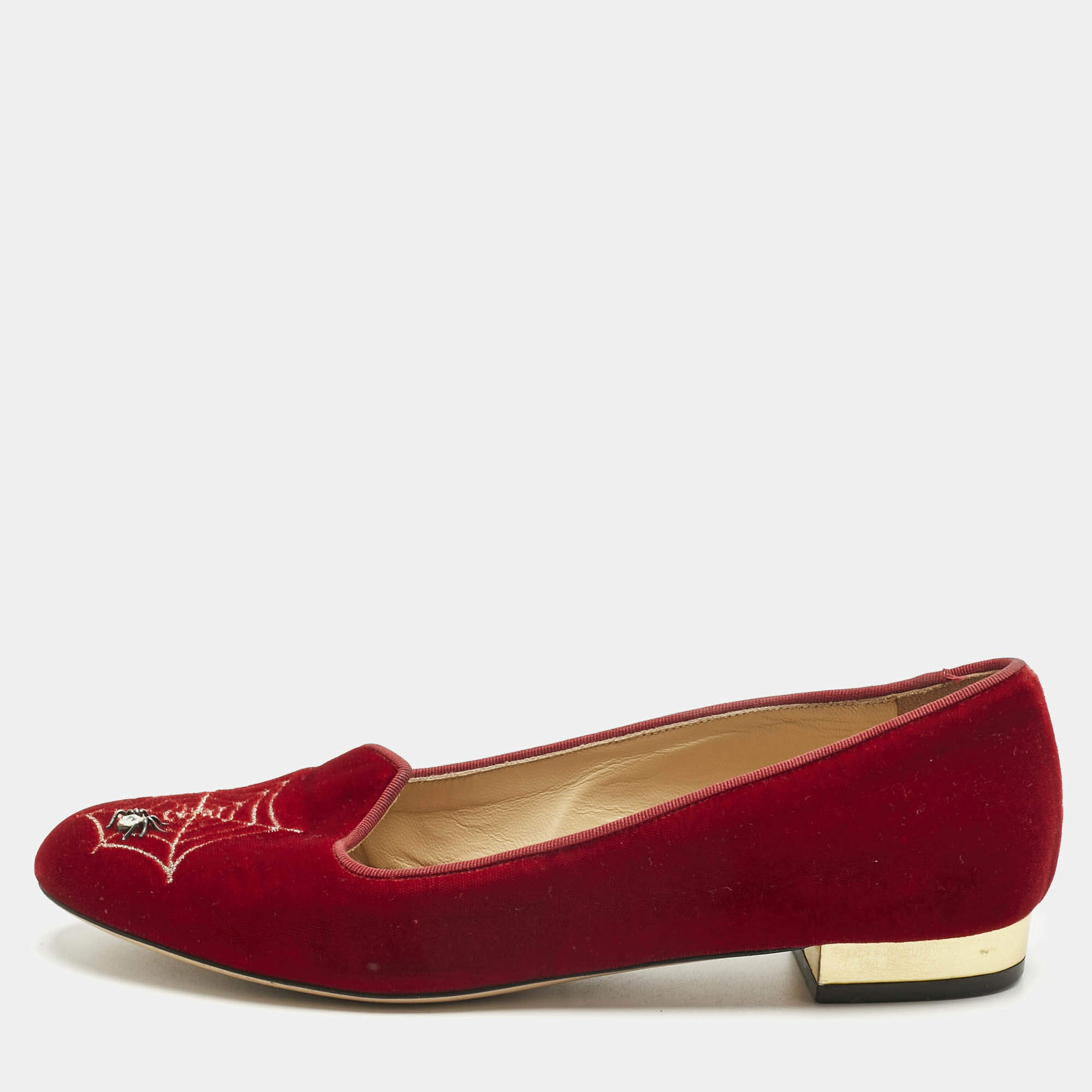 Pre Owned Charlotte Olympia Red Velvet Spider Ballet Flats Size 38