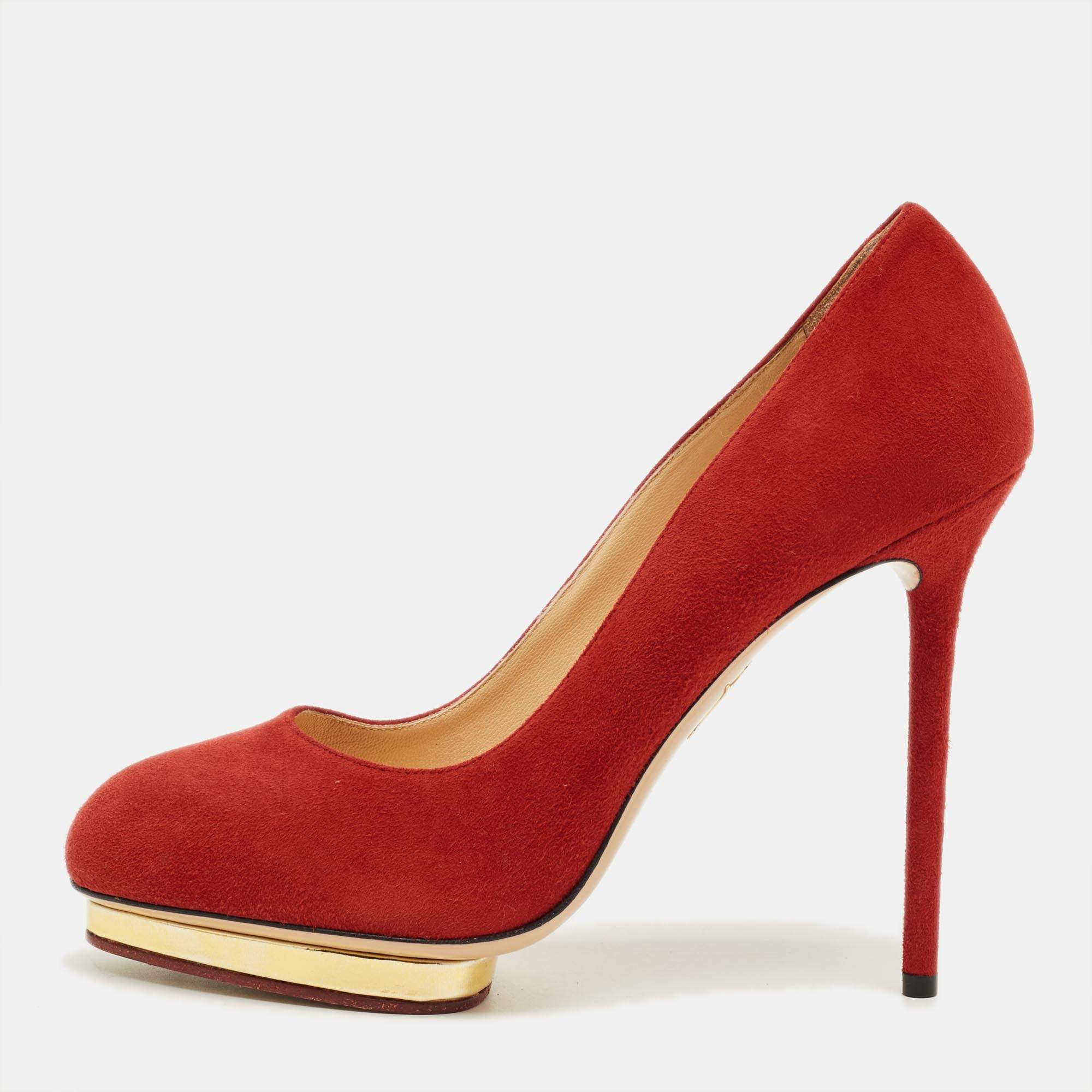 Pre Owned Charlotte Olympia Red Suede Dolly Platform Pumps Size 40.5