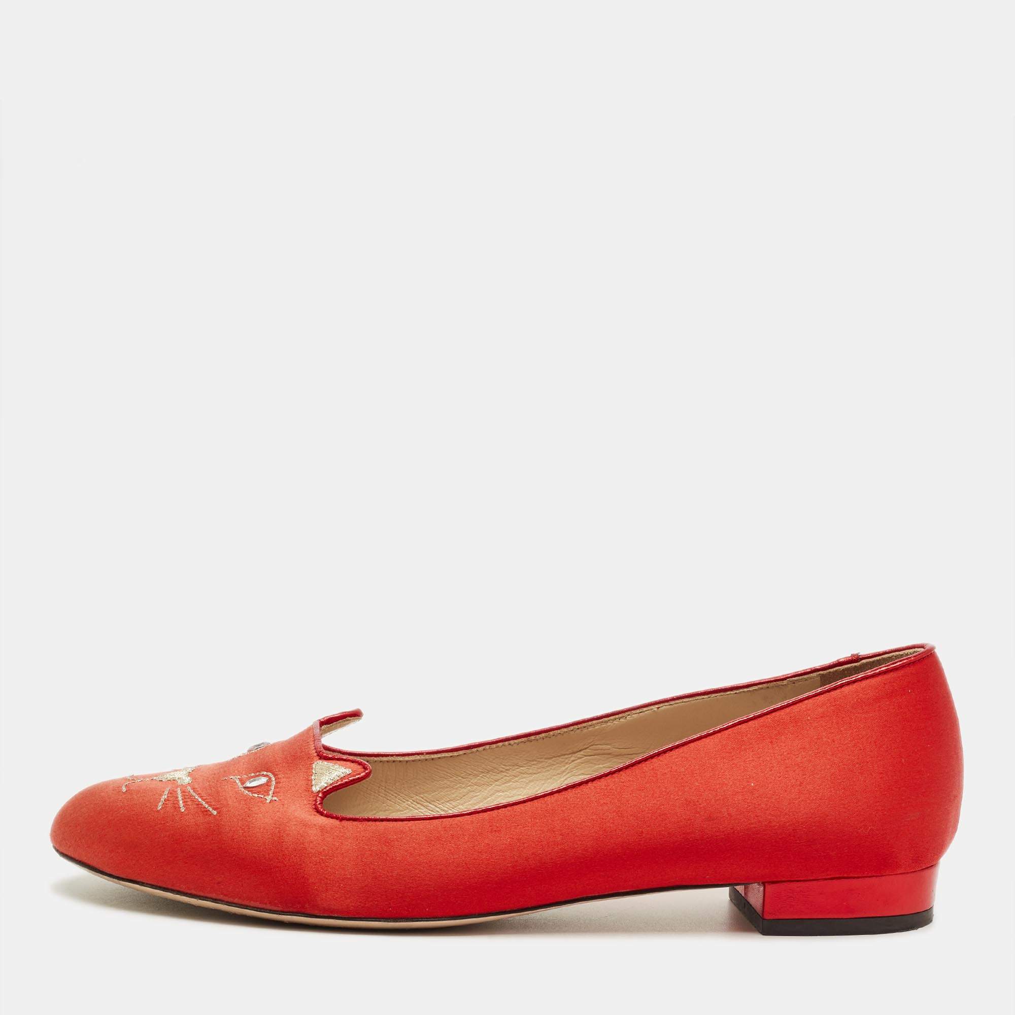 Pre Owned Charlotte Olympia Red Satin Cheeky Kitty Ballet Flats Size 40