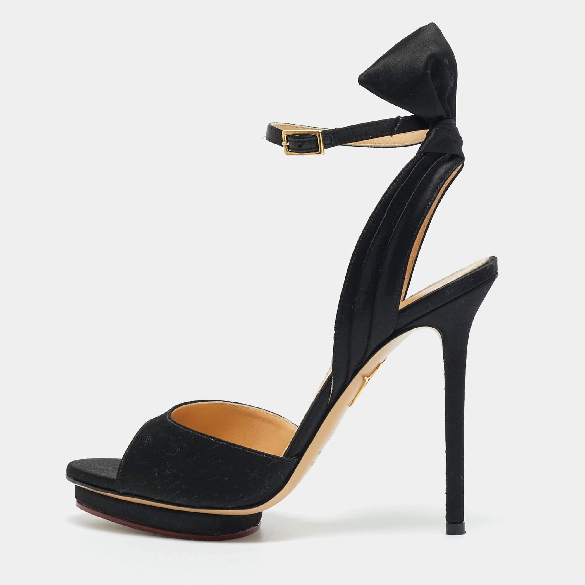 Pre Owned Charlotte Olympia Black Satin Wallace Ankle Strap Sandals Size 36.5
