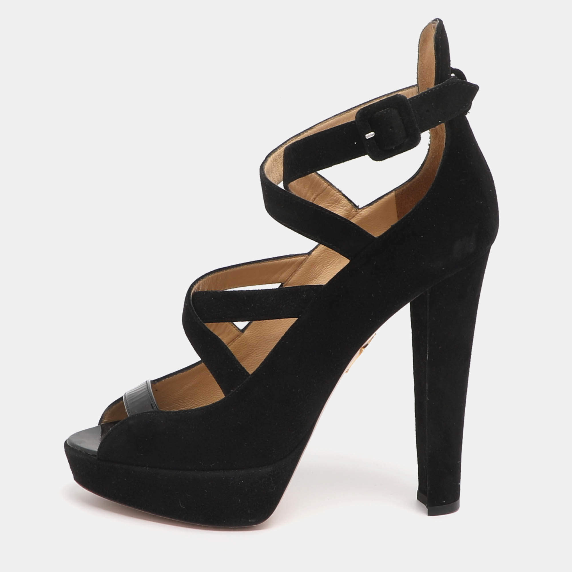 مملوكة مسبقًا Charlotte Olympia Gladys Size 37 Black Suede Strappy Platform Sandals