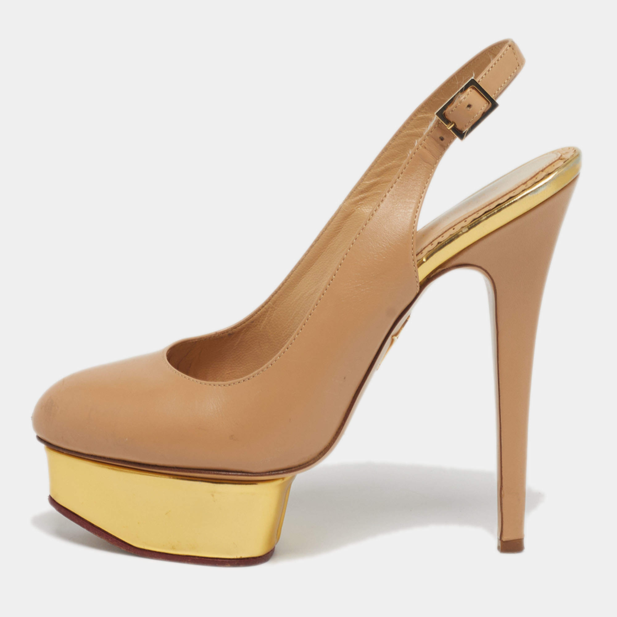 مملوكة مسبقًا Charlotte Olympia Dolly Size 37 Beige Leather Platform Slingback Pumps