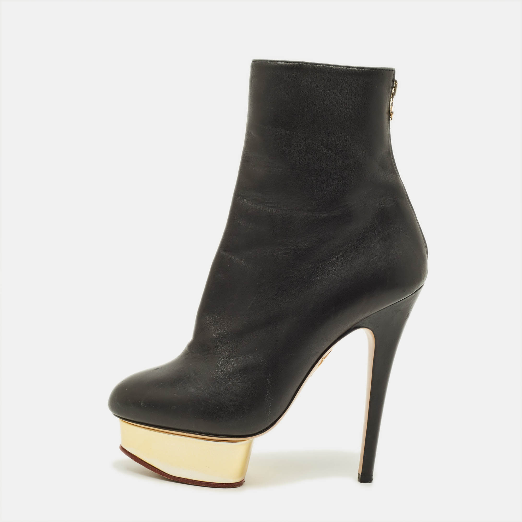 Pre Owned Charlotte Olympia Lucinda Size 37.5 Black Leather Ankle Length Boots