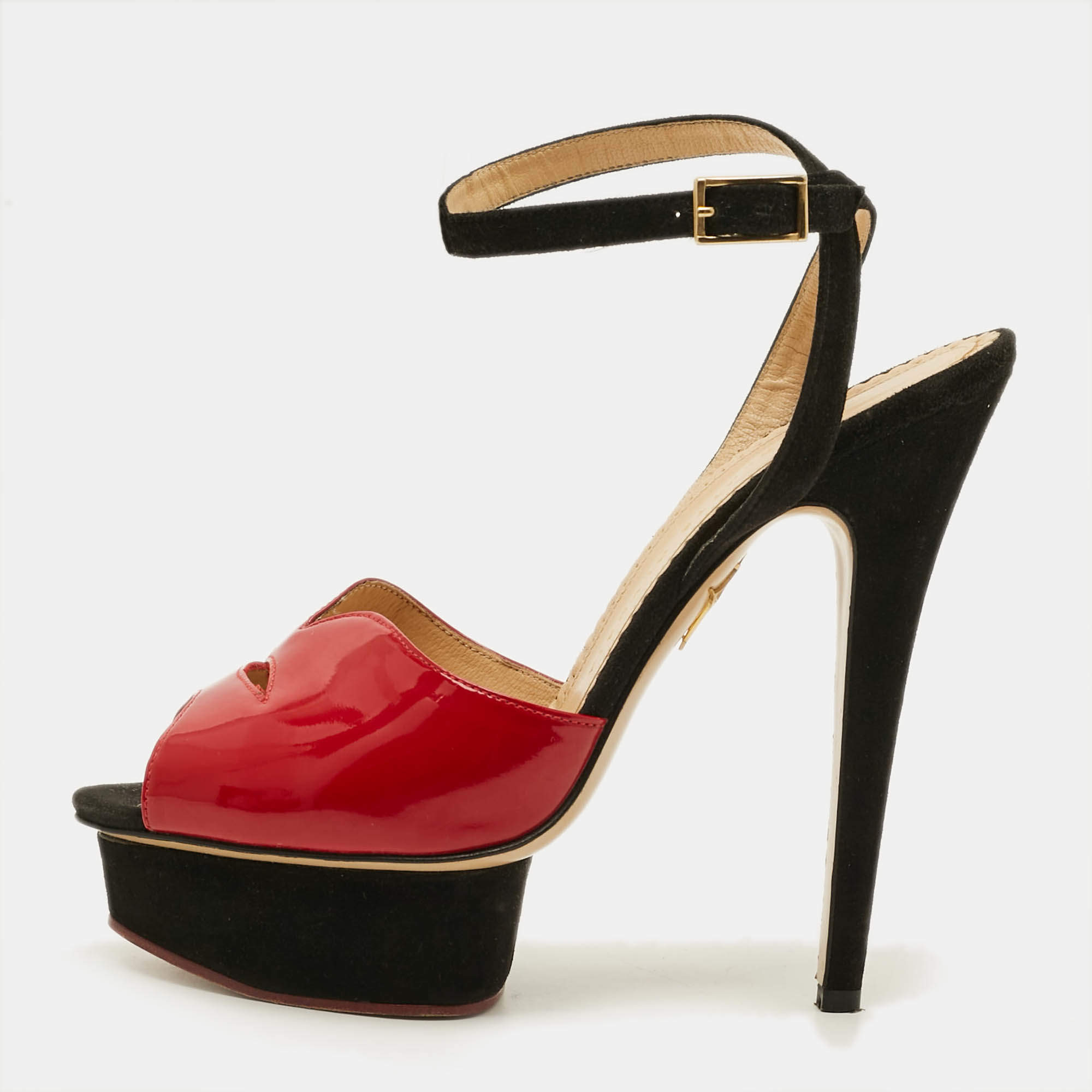 Pre Owned Charlotte Olympia Size 39 Red Patent Leather Suede Platform Sandals