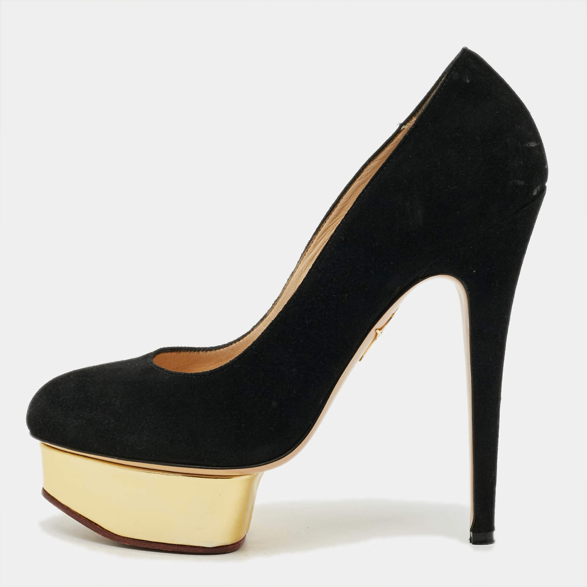 مملوكة مسبقًا Charlotte Olympia Dolly Size 38 Black Suede Platform Pumps