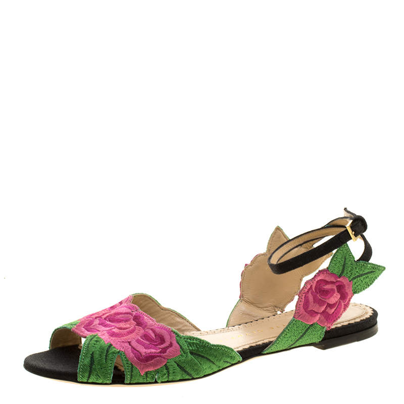 Charlotte Olympia Pink/Green Rose Embroidered Fabric Ankle Strap Flat Sandals Size 36