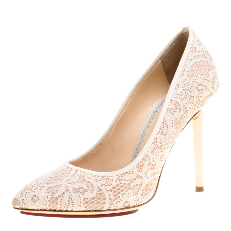 مملوكة مسبقًا Charlotte Olympia Beige Lace and Satin Monroe Pointed Toe Pumps Size 39