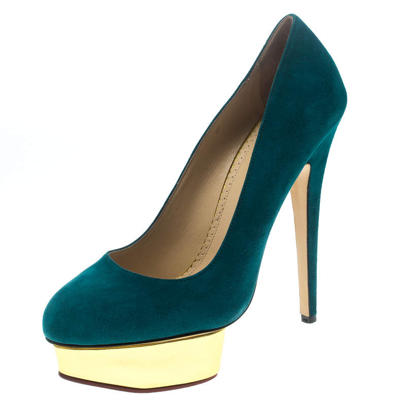 Charlotte Olympia Teal Blue Suede Dolly Platform Pumps Size 40