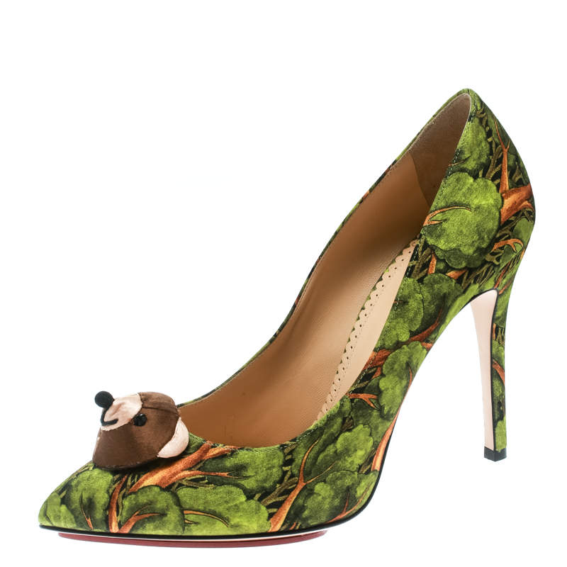 Charlotte Olympia Green Printed Satin Bear Necessities Pointed Toe Pumps Size 38