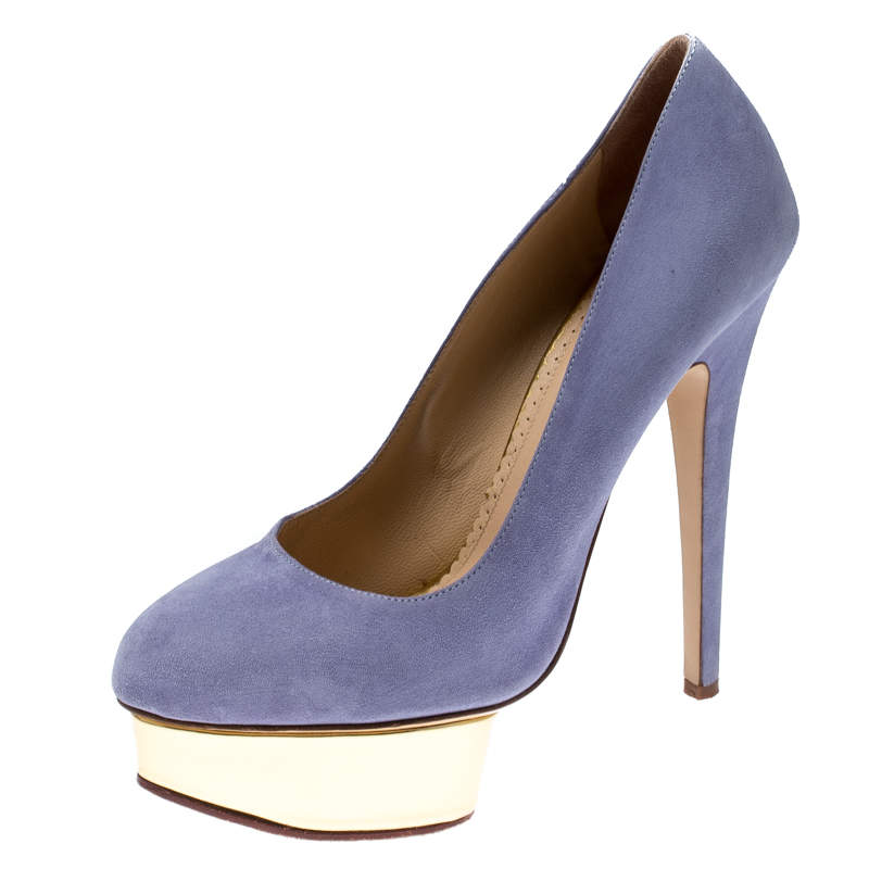 Pre Owned Charlotte Olympia Blue Suede Dolly Platform Pumps Size 38.5