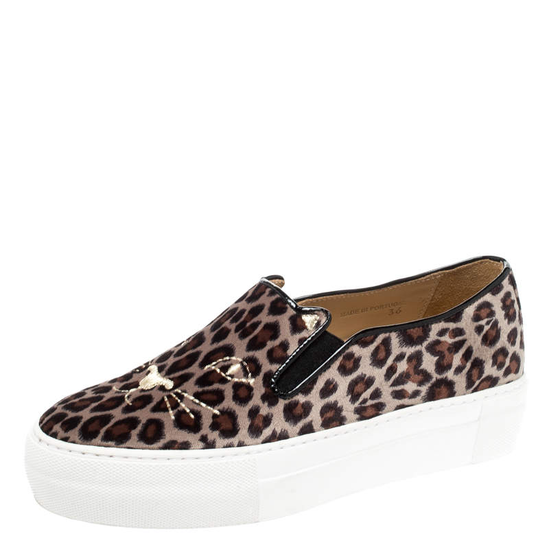 Charlotte Olympia Multicolor Leopard Print Velvet Cool Cats Slip On Sneakers Size 36