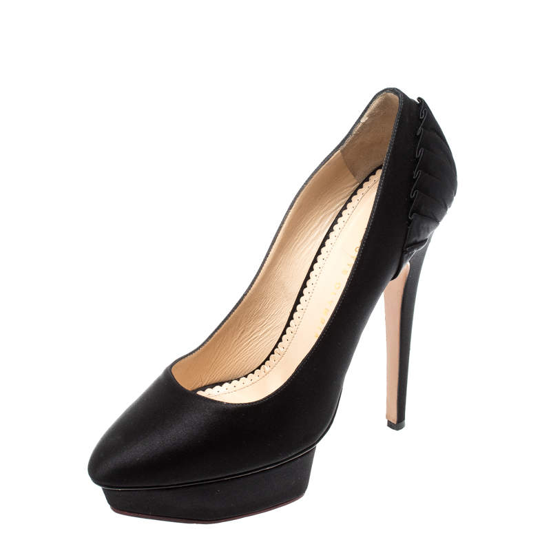 Charlotte Olympia Black Satin Paloma Fan Pleat Platform Pumps Size 40