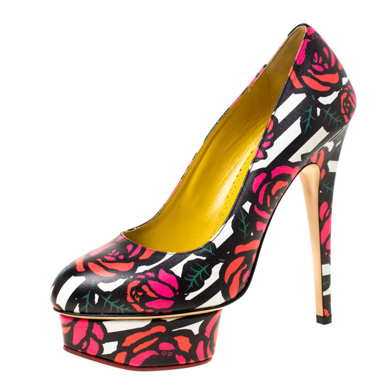 Charlotte Olympia Multicolor Rose Print Leather Dolly Platform Pumps Size 38.5