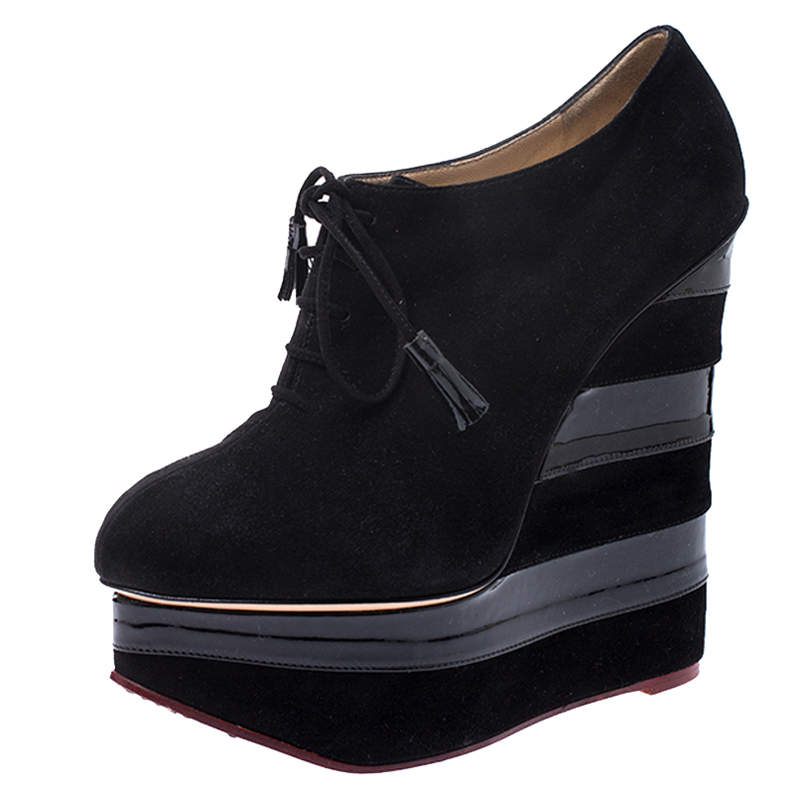 Charlotte Olympia Black Suede and Patent Leather Martha Wedge Derby Size 40