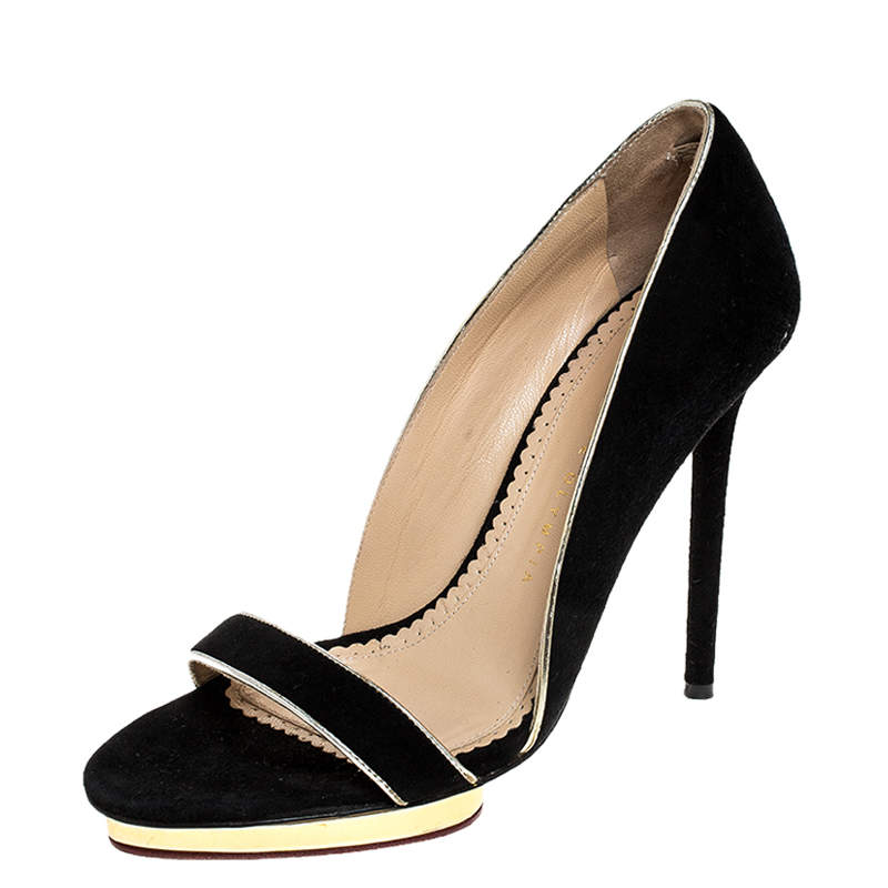 Pre Owned صندل شارلوت أوليمبيا "كريستين" بمقدمة مفتوحة سويدي أسود مقاس 38.5