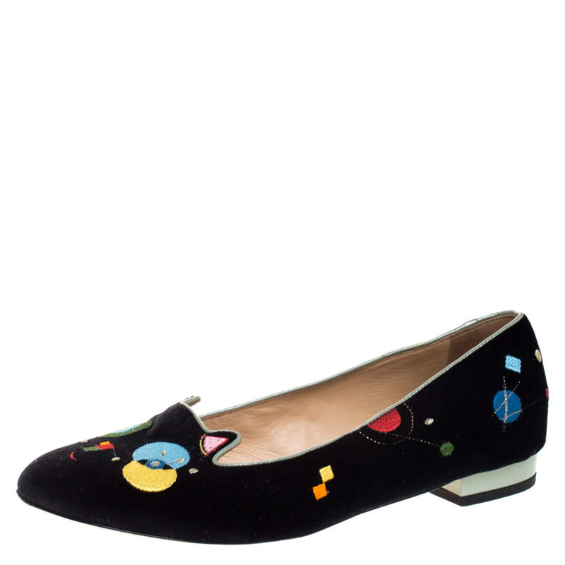 Charlotte Olympia Black Velvet Abstract Kitty Ballet Flats Size 40