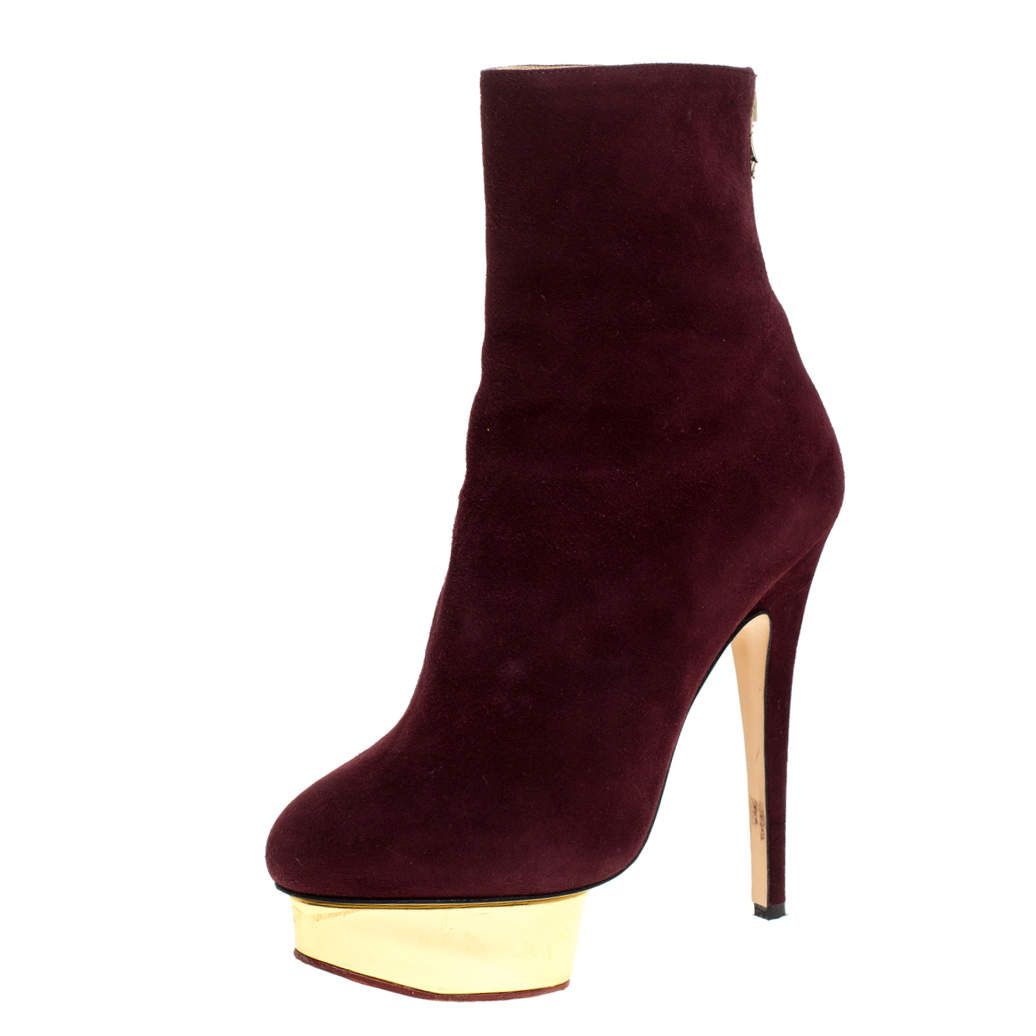 Charlotte Olympia Aubergine/Gold Suede And Leather Lucinda Platform Ankle Boots Size 37