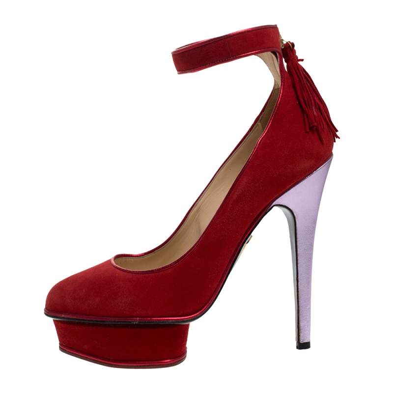 red platform pumps with ankle strap