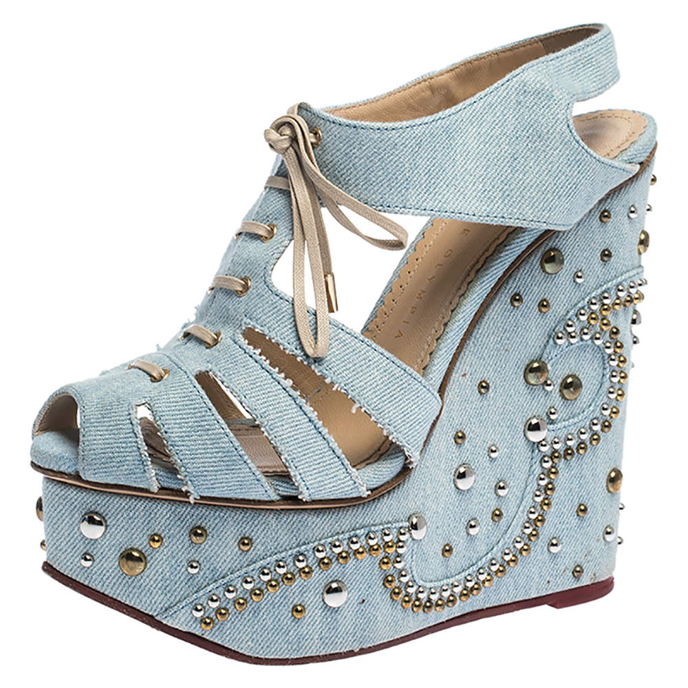 Charlotte Olympia Blue Denim Studded Cut Out Wedge Platform Sandals Size 37