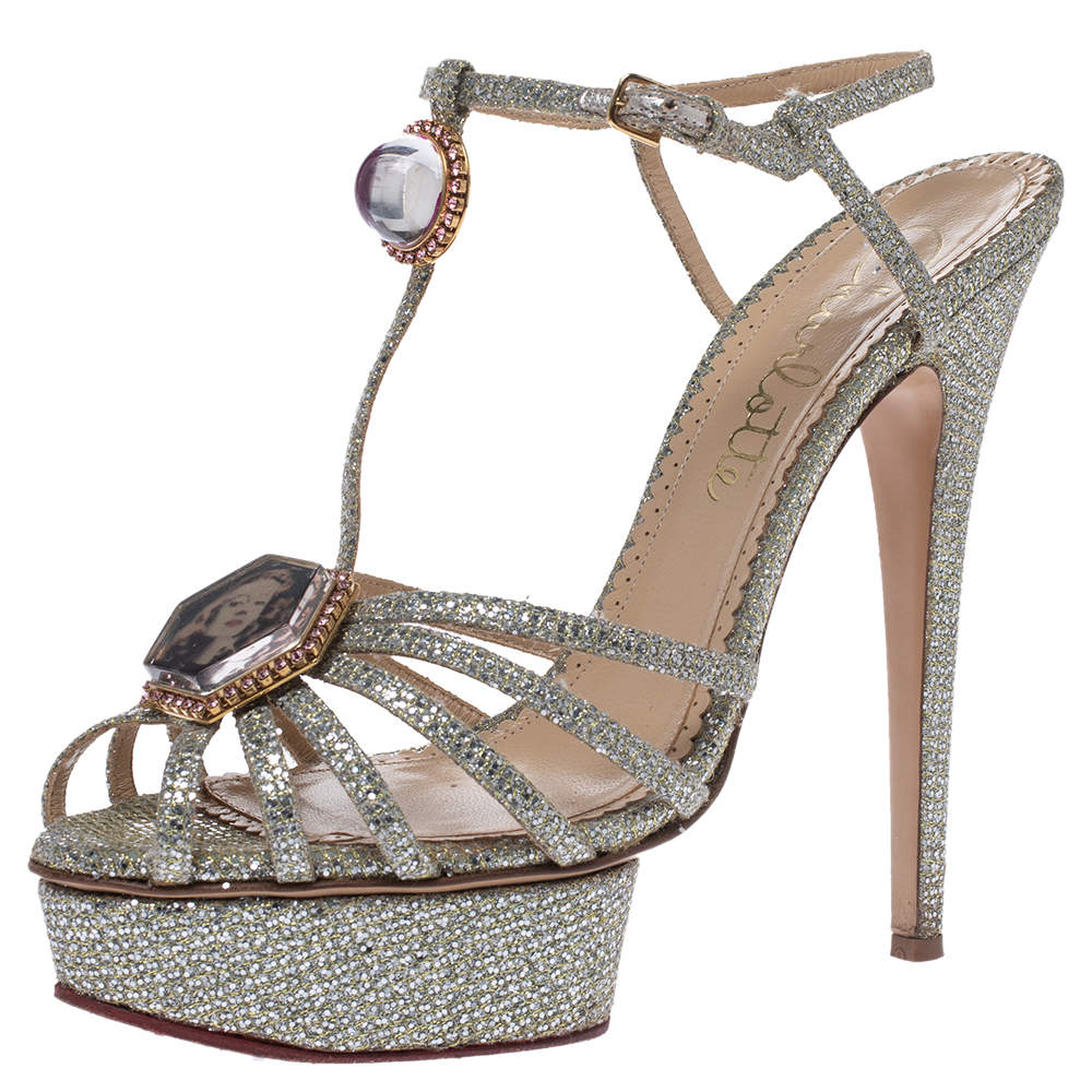 مملوكة مسبقًا Charlotte Olympia Silver Glitter Fabric Leading Lady Platform Ankle Strap Sandals 41