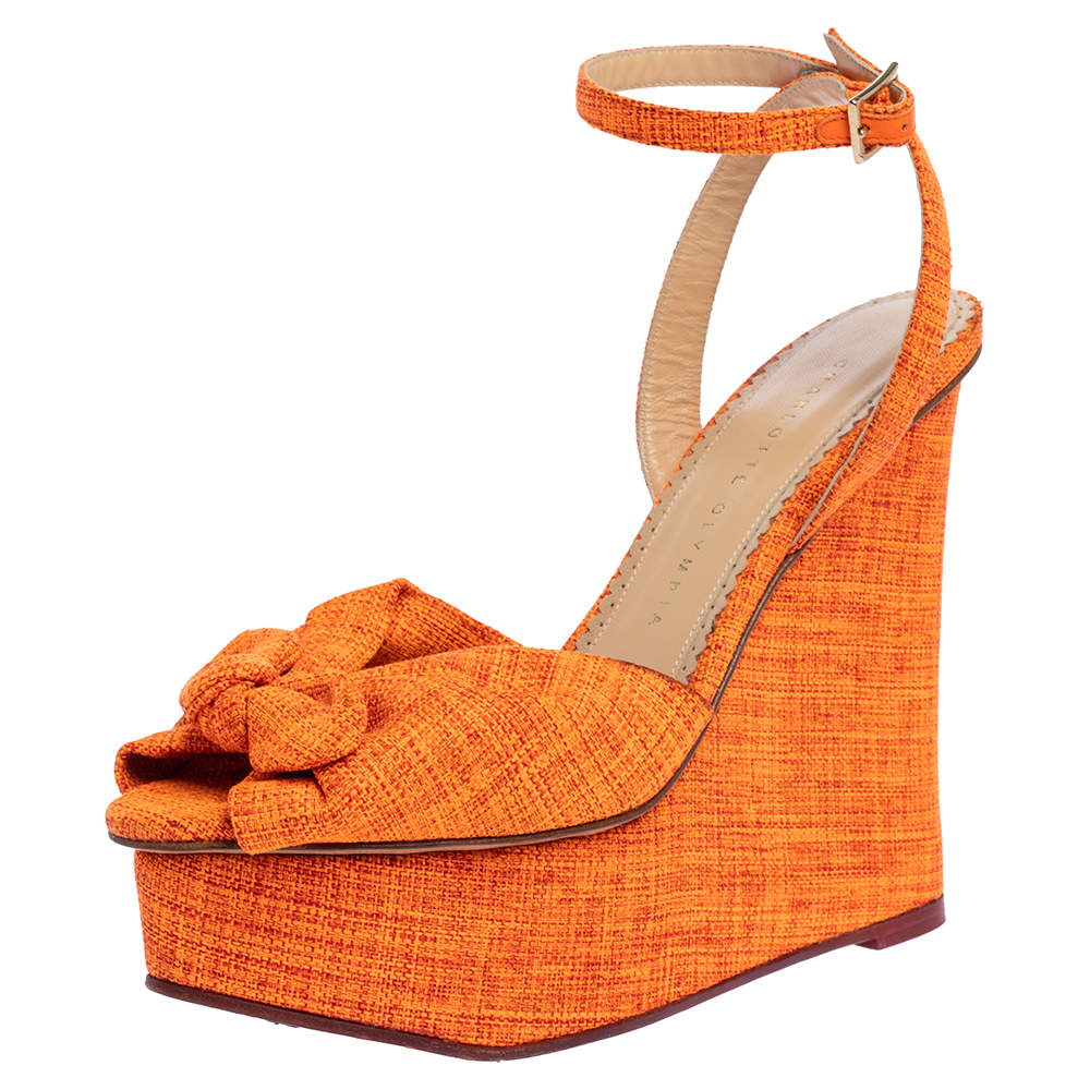 Charlotte Olympia Neon Orange Canvas Bow Ankle Wrap Wedge Sandals Size 37.5