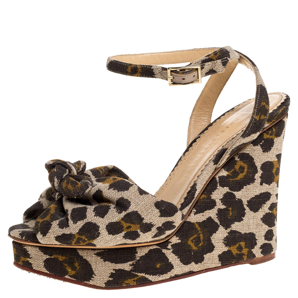 Charlotte Olympia Brown/Beige Printed Canvas Fabric Bow Platform Ankle Strap Sandals Size 38