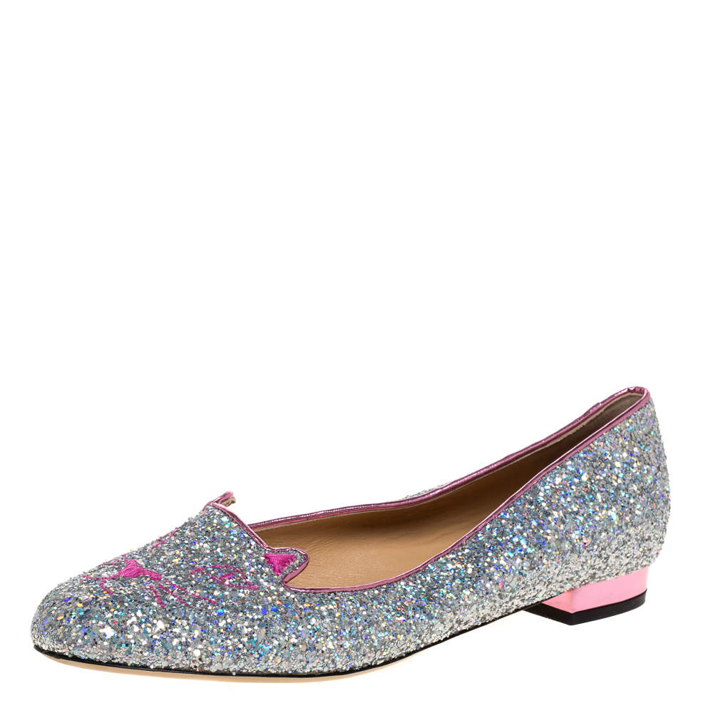  Charlotte Olympia Silver Glitter Cat Ballet Flats Size 41
