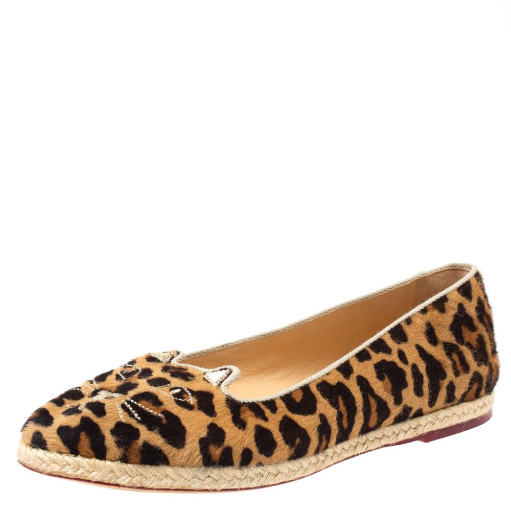 Pre Owned Charlotte Olympia Brown Animal Print Calf Hair Kitty Slip On Loafers Size 40