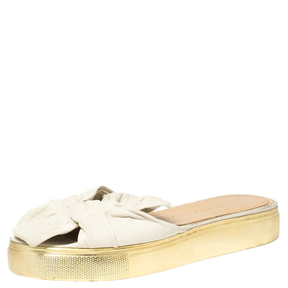 Pre Owned Charlotte Olympia White Leather Knotted Bow Slides Size 36