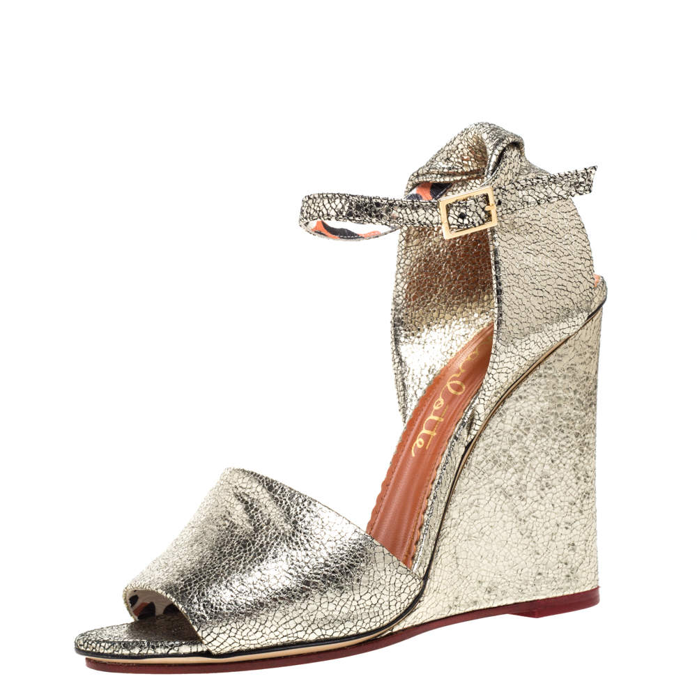 Pre Owned Charlotte Olympia Metallic Gold Crackled Leather Mischievous Wedge Sandals Size 38