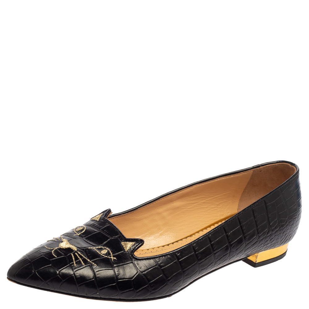 حذاء فلات شارلوت اوليمبيا مزين وجه قطه جلد نقشة التمساح أسود مقاس 41