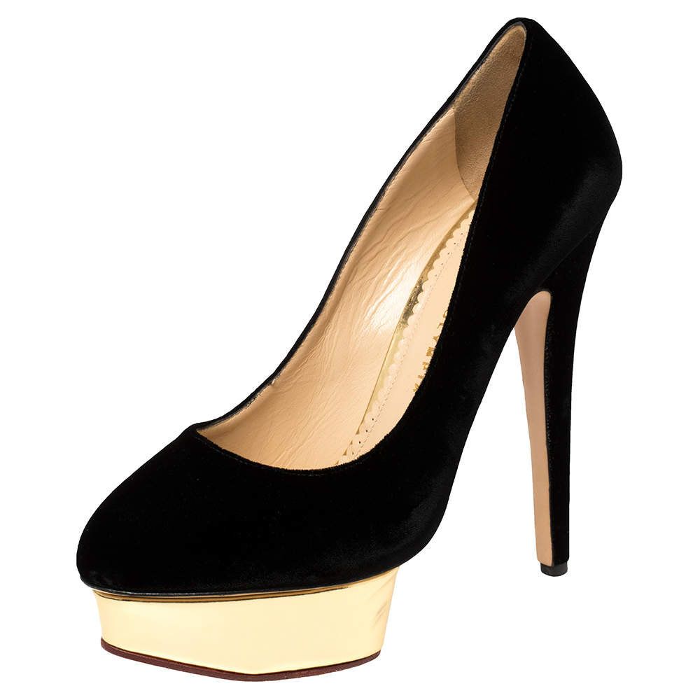 Pre Owned Charlotte Olympia Black Velvet Dolly Platform Pumps Size 40