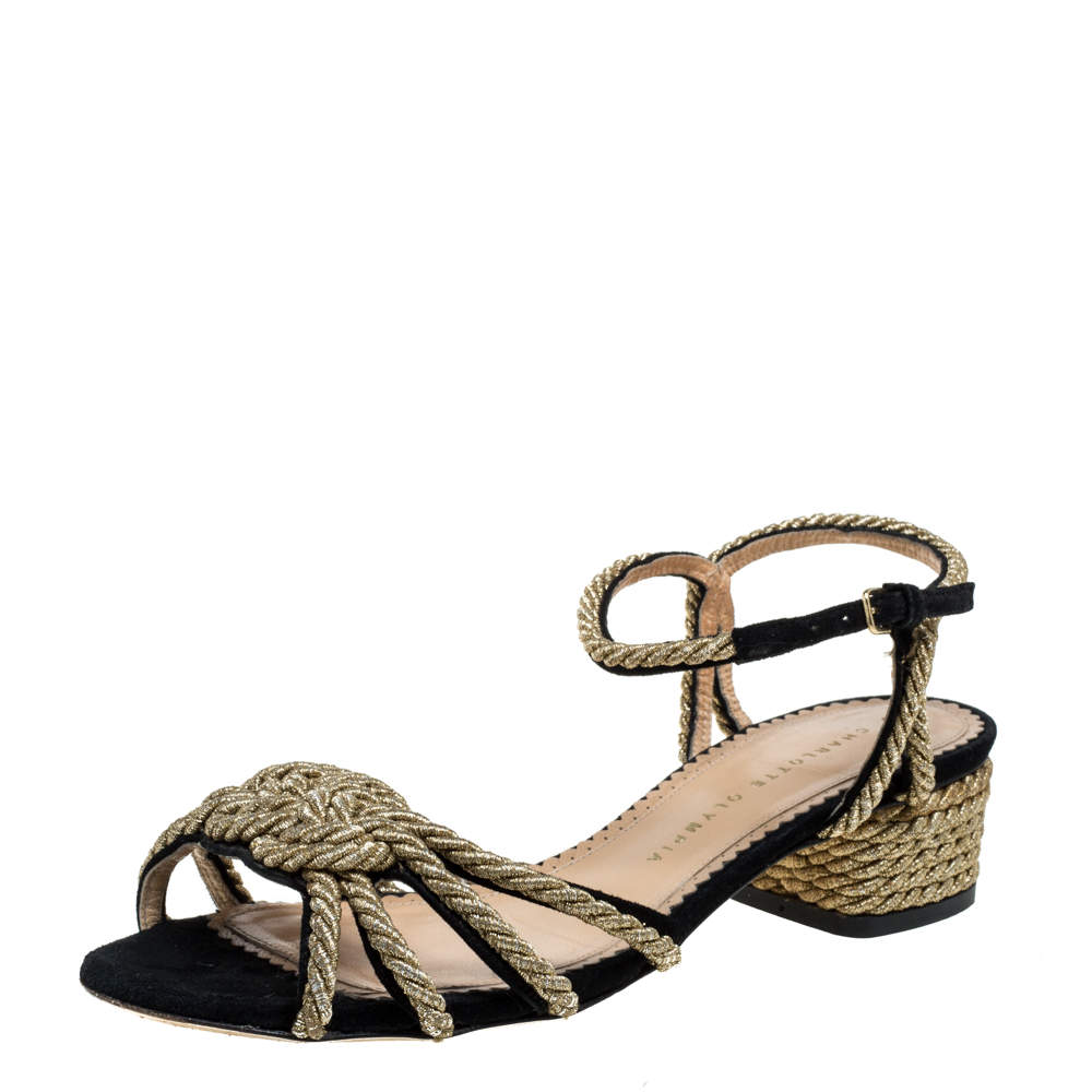 Charlotte Olympia Black Suede And Gold Rope Detail Strappy Sandals Size 39