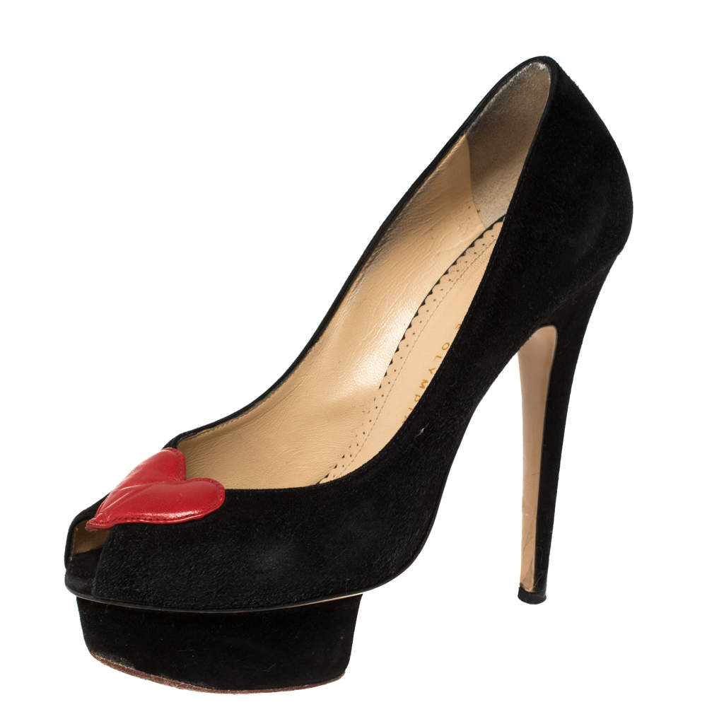 Charlotte Olympia Black Suede Delphine Heart Detail Platform Pumps Size 38