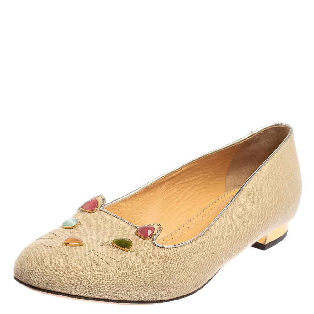 Charlotte Olympia Beige Canvas Kitty Ballet Flats Size 41