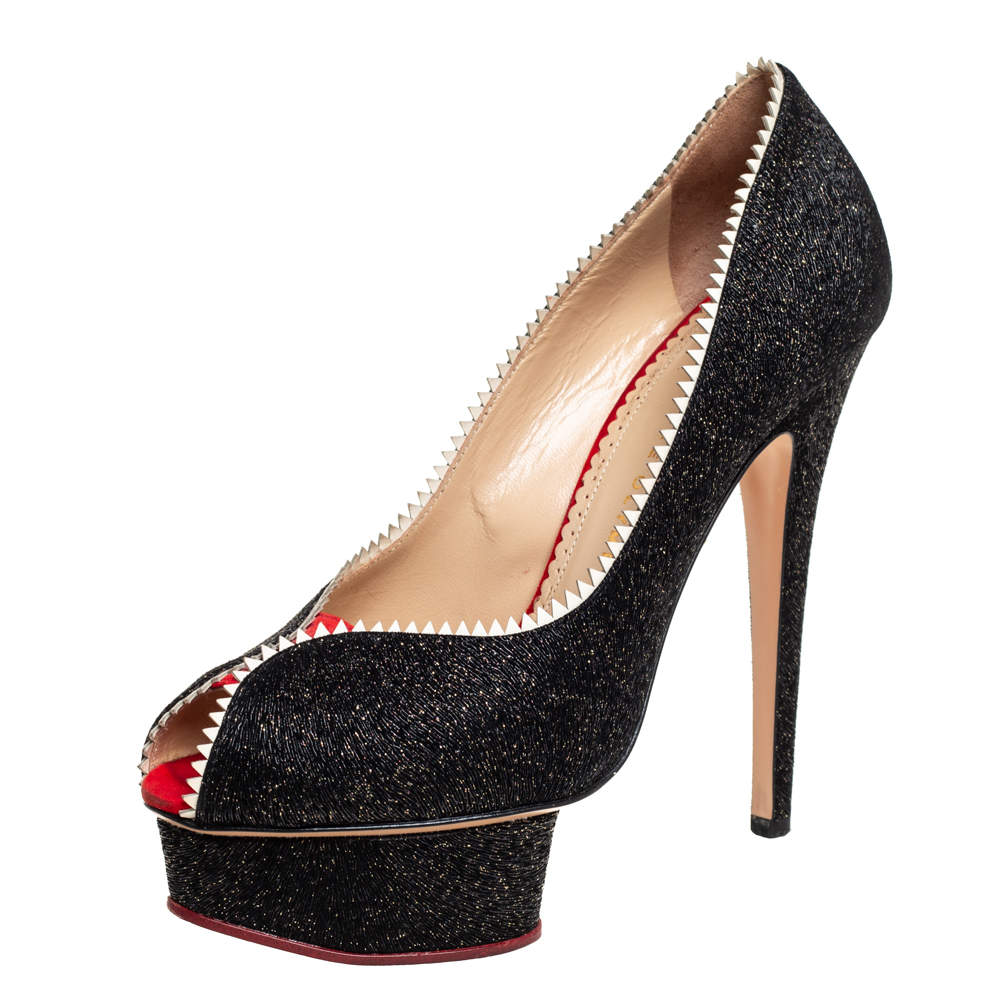 مملوكة مسبقًا Charlotte Olympia Black Glitter And Patent Leather Scalloped Trim Peep Toe Platform Pumps Size 37.5