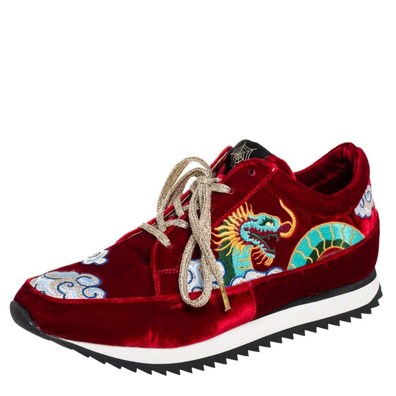 Pre Owned Charlotte Olympia Red Velvet Dragon Sneakers Size 38 
