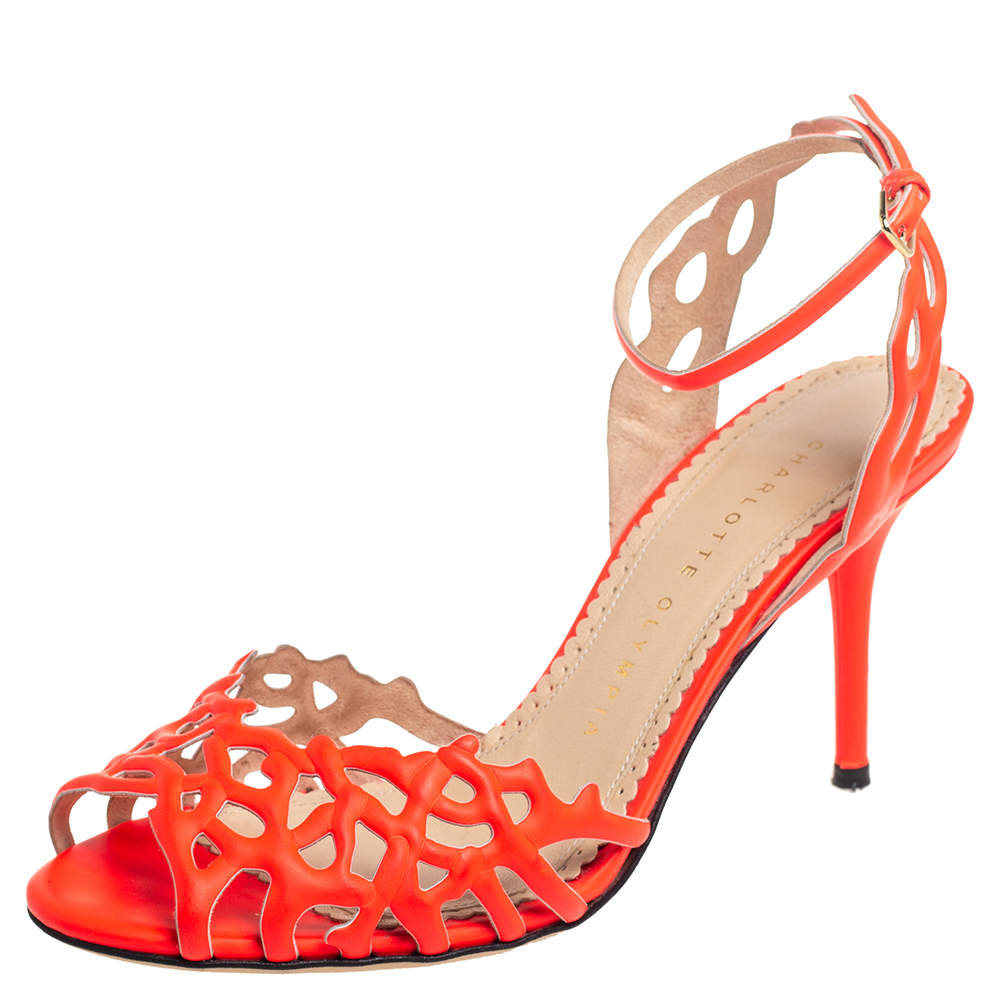 Pre Owned Charlotte Olympia Orange Leather Ankle Strap Sandals Size 36.5