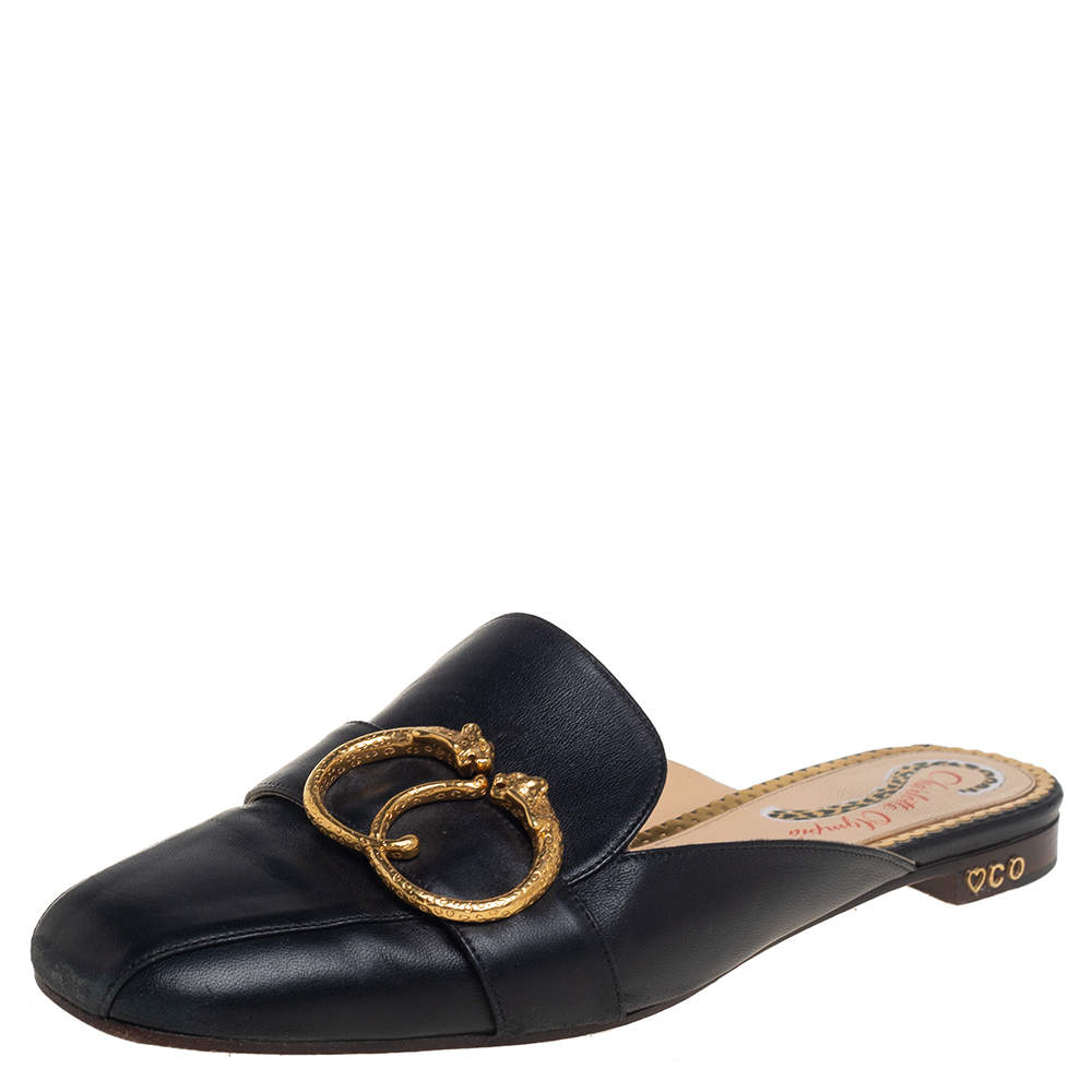 Charlotte Olympia Black Leather Buckle Detail Mules Size 39 