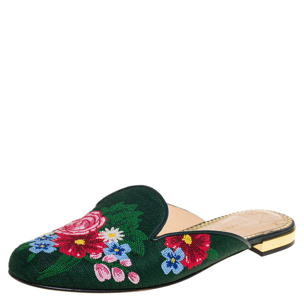 Charlotte Olympia Green Canvas Rose Garden Embroidered Sandals Size 39