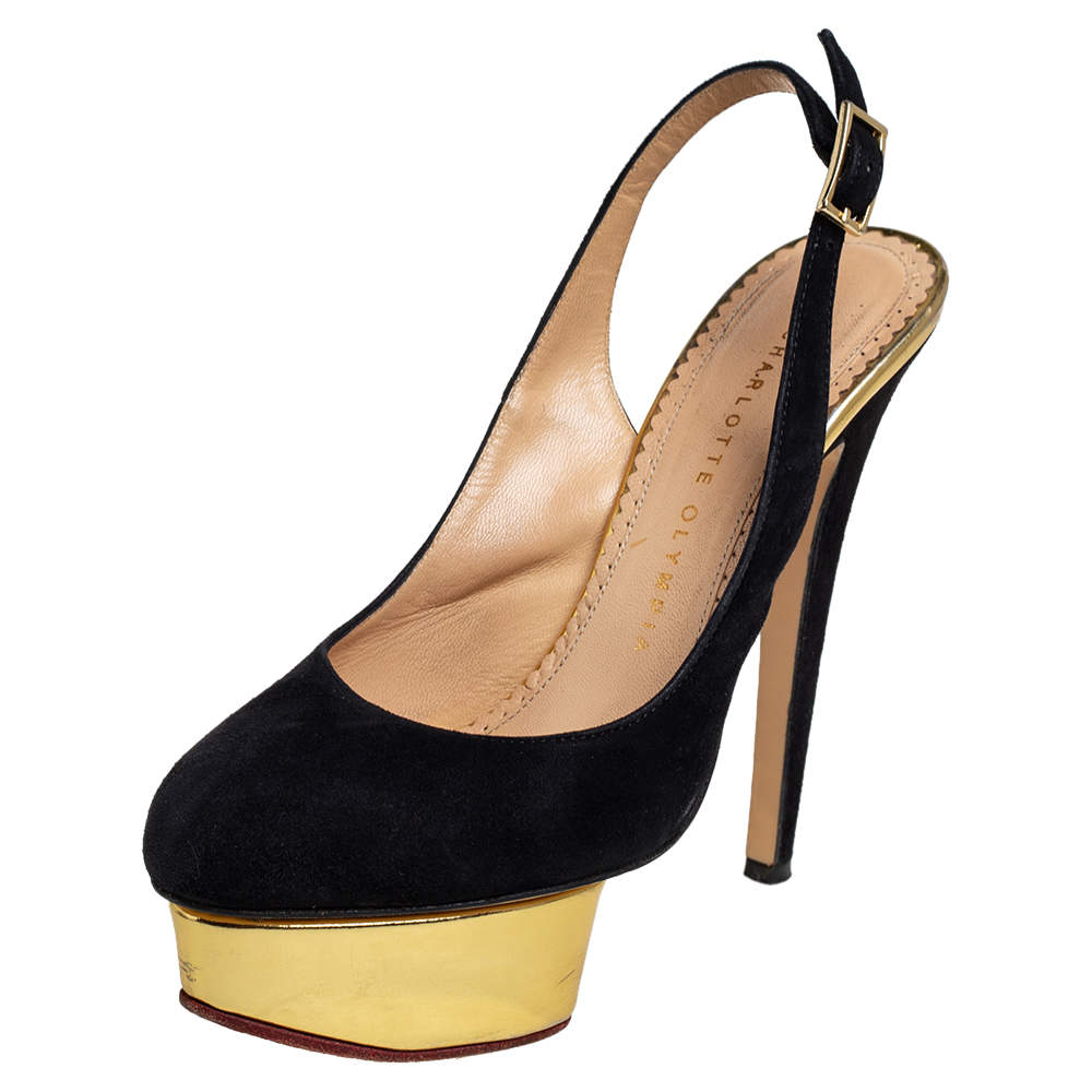 Pre Owned Charlotte Olympia Black Suede Dolly Slingback Pumps Size 36