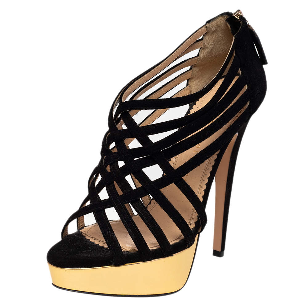 مملوكة مسبقًا Charlotte Olympia Black Suede Peep Toe Platform Strappy Sandals Size 37