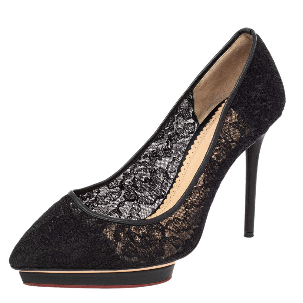 Pre Owned Charlotte Olympia Black Lace Dotty Pumps Size 40