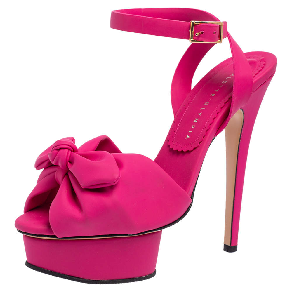 مملوكة مسبقًا Charlotte Olympia Pink Rubber Serena Bow Ankle Strap Platform Sandals Size 37.5