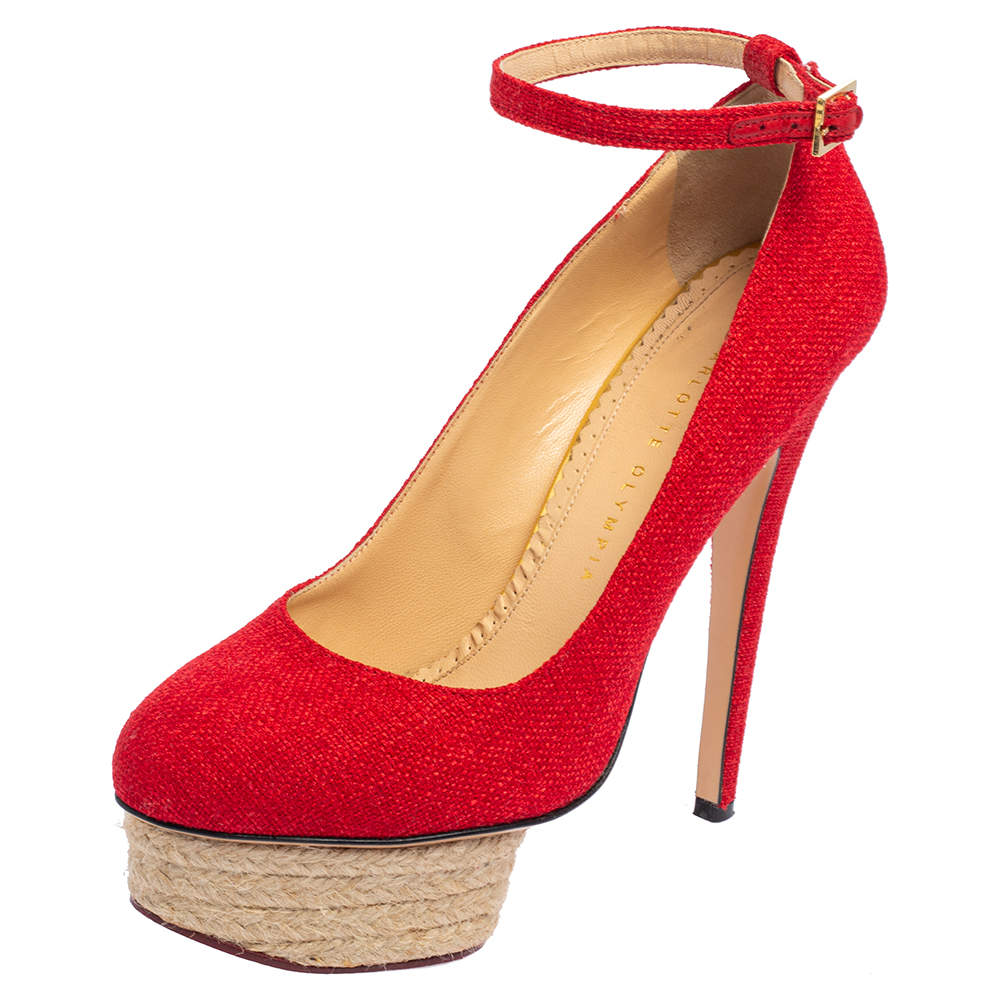 Charlotte Olympia Red Canvas Dolores Ankle Strap Platform Pumps Size 38